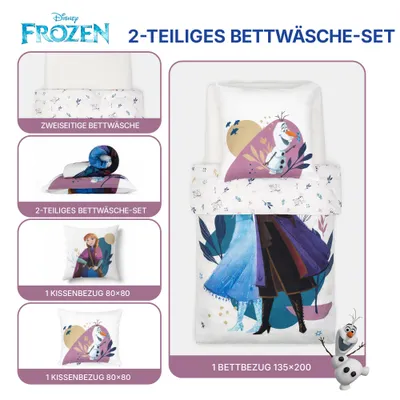 Produktbild von Disney Home Frozen Elsa & Anna Bettwäsche-Set 2 teilig - 135x200 + 80x80 cm, 100% Baumwolle, super weich, doppelseitig, Kinderbettwäsche für Mädchen