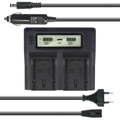 Produktbild von Dual Akku-Ladegerät kompatibel mit Panasonic CGA-S002E, CGR-S006E - mit USB-Anschluss, LCD-Display und Kfz-Ladekabel - Schnellladegerät