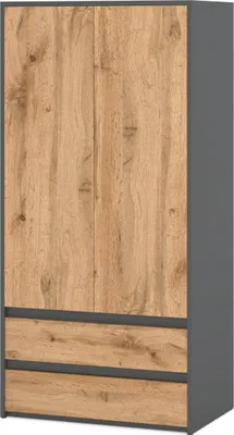 Produktbild von JOELLE - Kleiderschrank mit 2 Türen und 2 Schubladen - Anthrazit Grau / Wotan Eiche H180cm B90cm T50cm