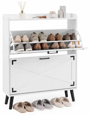 Produktbild von COSTWAY Schuhschrank mit 2 Klappschubladen, Schuhkipper schmal, Schuhregal mit Kiefernholzfüßen & Einlegeböden, Schuhaufbewahrungsschrank, Weiß