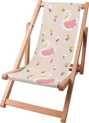 A wooden deck chair with a fabric seat featuring a pattern of swans and tulips.