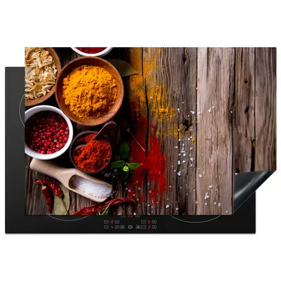 Produktbild von KitchenYeah© Herdabdeckplatte Kräuter - Gewürze - Holz - Löffel - Braun , 77x51cm, Küche Deko, Glaskeramikkochfeld Herdabdeckung, Abdeckplatte fùr Kochfeld