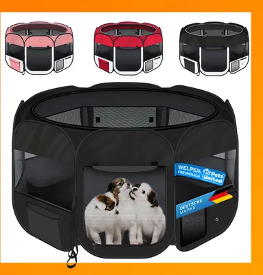 Produktbild von Faltbarer Welpenauslauf & Tierlaufstall für Hunde, Katzen & Welpen in Schwarz | Pop-Up Freigehege In- & Outdoor inkl. Tragetasche