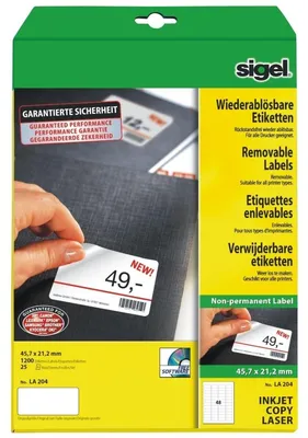 Produktbild von SIGEL LA204 Wiederablösbare Etiketten, 45,7 x 21,2 mm, weiß, 1200 Etiketten