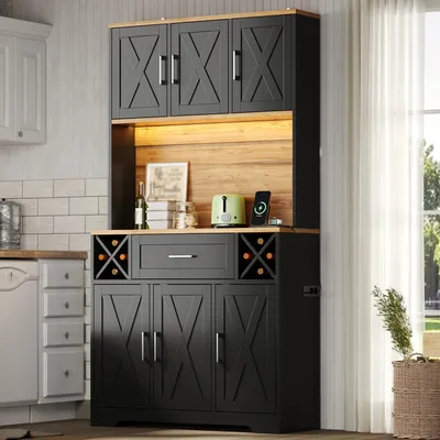 Produktbild von STILVORA Vorratsschrank mit Weinregalen,Vitrinenschrank für Wohnzimmer und Esszimmer,Küchenschrank mit LED-Beleuchtung,Weinschrank Schwarz