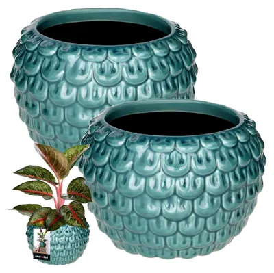 Produktbild von ® 2 St. Kunstvoller Blumentopf-Keramik groß Vintage Fischschuppen-Muster handgefertigt ⌀ 17 cm Höhe 13 cm Blumenübertopf Keramik-Blumentopf Blau & Turkisfarbe Orchideentopf