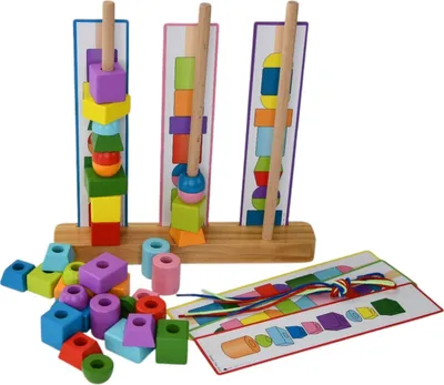 Produktbild von Zayno® Stapel-, Steck- und Fädelspiel "Türmchenbaumeister" | Montessori, Pädagogisches Spielzeug, Feinmotorik Training, Holzperlen, 68 Teile
