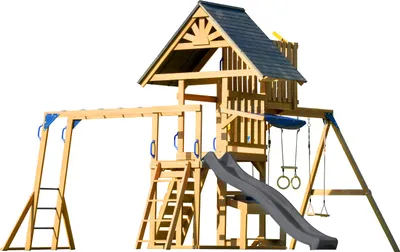 Produktbild von AXI Mitch Spielturm aus Holz in Braun mit Doppelschaukel | Spielplatz für Kinder mit Grauer Rutsche, Schaukel, Trapez, Kletterwand, Aussichtsturm & Sandkasten | Stelzenhaus für den Garten