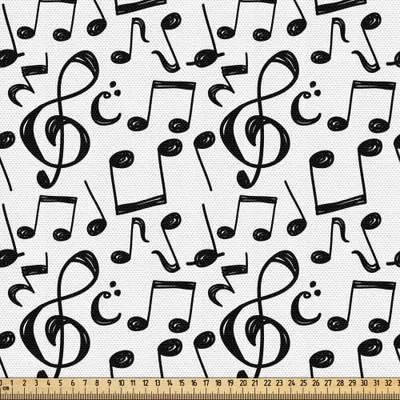 Produktbild von ABAKUHAUS Musik Gewebe als Meterware, Flüchtige musikalische Anmerkungen und Symbole Melodie-Unterhaltungs-Kunst-Thema-Muster, 2 M (148 x 200 cm), Schwarz und weiß