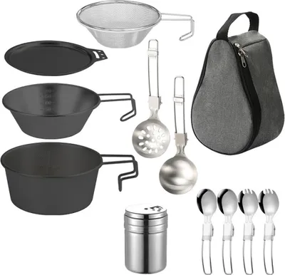 Zdjęcie produktu dla Zestaw naczyń do gotowania na świeżym powietrzu, miska kempingowa ze stali nierdzewnej z sitkiem, łyżką, pokrywą miski spork do biwakowania, wędrówek