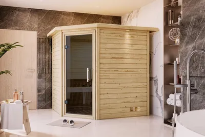Produktbild von Sauna Mia : mit Licht-Dachkranz : 9 kW finnisch Ofen + Steuergerät Easy Finnisch : Graphit Ganzglastür Licht-Dachkranz: mit Licht-Dachkranz Saunaofen: 9 kW finnisch Ofen + Steuergerät Easy Finnisch Saunatür: Graphit Ganzglastür