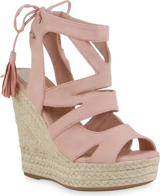 Produktbild von VAN HILL Damen Bast Keilsandaletten Cut-Outs Quasten Sommer Schuhe 816039, Farbe: Rosa, Größe: 37