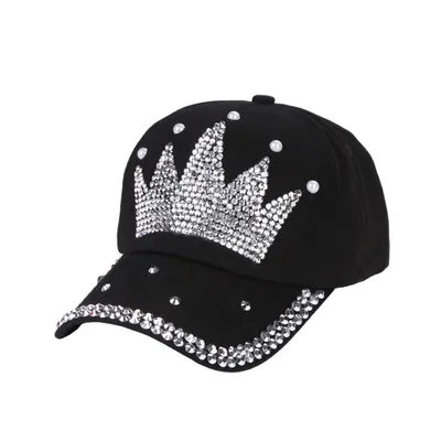 Produktbild von Mode Frauen Krone Faux Perle Strass Baseball Kappe Snapback Outdoor Sonnenhut-Schwarz