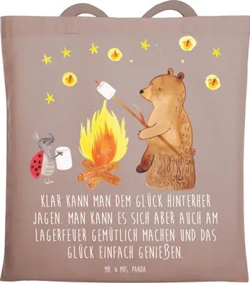 Produktbild von Mr. & Mrs. Panda Shopping Tasche Bär & Marienkäfer Lagerfeuer - Braun Pastell - Geschenk, Teddy, Laptoptasche, Tote Bag, Baumwolltasche, Beutel, Schultasche