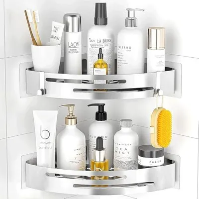 Produktbild von Duschablage Ohne Bohren Ecke: Duschrega Edelstahl 2 Stück Duschkorb Selbstklebend Mit 2 Haken Badezimmer Regal für dusche aufbewahrung Shampoo und Duschgel (Silber)