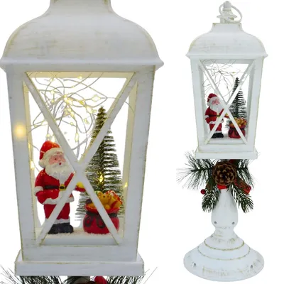 Produktbild von LED-Weihnachtslaterne mit Weihnachtsmann, 48 cm, weiß-gold, 20 LEDs, Timer, batteriebetrieben