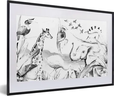 Produktbild von MuchoWow® Gerahmtes Poster Wasserfarben - Tiere - Dschungel - Jungen - Mädchen - Kinder - Kinder 60x40 cm - Poster mit Schwarzem Bilderrahmen Wandposter Rahmen Foto Bilder - Schlafzimmer - Plakat in Rahmen - Drucken