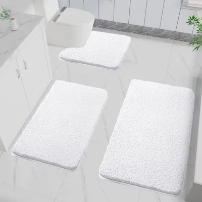 Produktbild von 3-teiliges Set rutschfester Badematten, weich, saugfähig, hochflorig, aus Mikrofaser, geeignet für Badezimmer, maschinenwaschbar, für Badewannen, Duschen und Badezimmer (weiß)