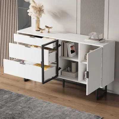 Produktbild von MODFU Sideboard Aufbewahrungsschrank mit Drei Schubladen,Kommode mit LED-Lichtleiste und Glastüren, Für Esszimmer und Wohnzimmer,Weiß