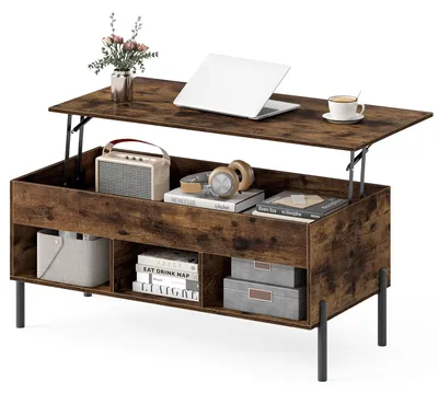 Produktbild von KOMFOTTEU Couchtisch mit Hubplatte, höhenverstellbarer Beistelltisch mit Stauraum, Wohnzimmertisch mit offenen Ablage & verstecktem Fach, Kaffeetisch für Wohnzimmer & Büro, 100 x 50 x 59 cm (Kaffee)