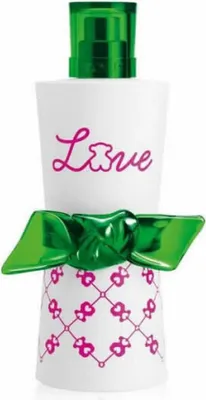 A perfume bottle with a green cap and a green bow.