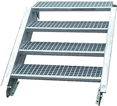 A galvanized steel staircase with four steps against a white background.