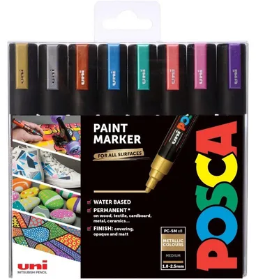 Produktbild von Popisovač akrylový Uni Posca PC-5M, 1,8-2,5 mm, sada 8 metalických barev