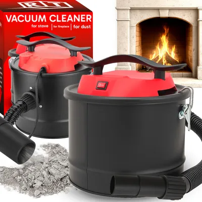 Two ash vacuum cleaners are shown in the foreground, with a fireplace in the background. A box with product information is also visible.