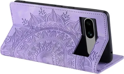 A purple flip case for a Google Pixel 8a phone, with a mandala embossed design, is shown standing upright.