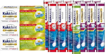 Produktbild von Kukident Set: Anti-Zahnstein 1x30 Tabs, Zahnweiß 6x30 Tabs, Aktiv Plus 6x33 Tabs, Haftcreme Med + Kamille 3x40g