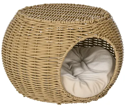 Image de Niche panier maison pour chat 2 niveaux en ršŠsine tressšŠe aspect rotin avec 1 coussin doux ? 40 x 30 cm marron clair