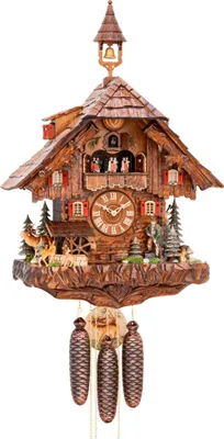 Produktbild von Cuco Clock Kuckucksuhr Schwarzwalduhr "Waldleben mit Jäger" 30 x 45 x 68cm Wanduhr aus Holz, 8 - Tage Werk, automatische Nachtabschaltung