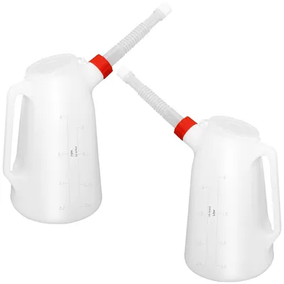 Produktbild von Ölkanne 4L Set 2 Stück, HDPE Kunststoff, Tropffrei, lange Ausgießhilfe, Stoßfest, Messskala, hitze- & kältebeständig, Werkstatt, Küche Ölbehälter