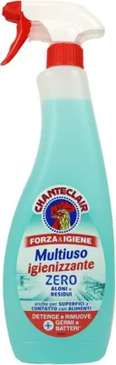 A turquoise spray bottle of Chante Clair multi-purpose disinfectant cleaner.