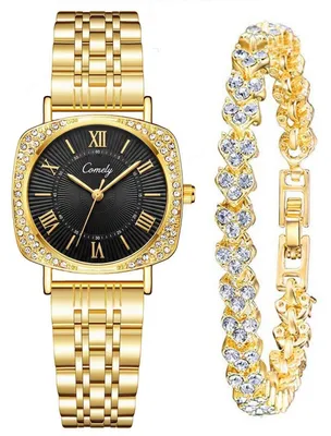 Produktbild von Armbanduhr Geschenkset Damen Analog Wasserdicht Quarz Gold Silber Edelstahl Minimalistisch mit Diamanten B-Gold Schwarz