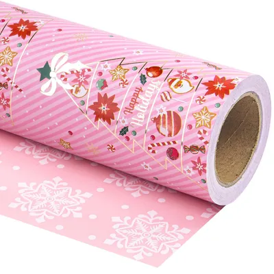 Productafbeelding van Omkeerbaar kerst inpakpapier - Mini Rol - 43,2 cm x 10,1 meter - Roze kerstboom en sneeuwvlokken ontwerp voor Kerstmis
