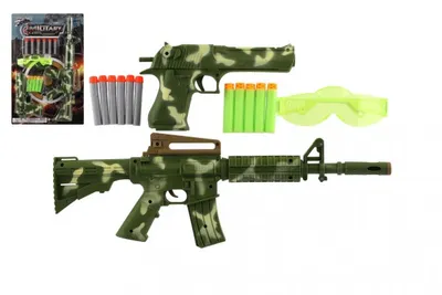 Immagine prodotto di Pistola/fucile 2 pezzi in plastica + 11 pezzi di cartucce in schiuma + occhiali in cartoncino