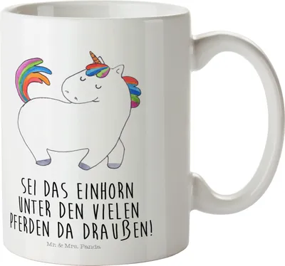 Produktbild von Mr. & Mrs. Panda Kaffeebecher Einhorn Stolzieren - Weiß - Geschenk, Becher, Pferd, Einhörner, Reiter, Bedruckte Tasse, mit Motiv, Kaffeetasse, Unicorn, Stolz