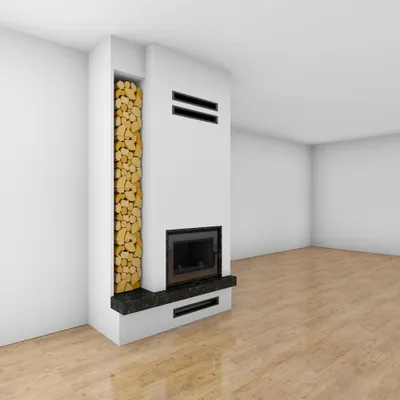 A modern fireplace with a wood storage niche in an empty room.