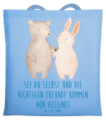 Produktbild von Mr. & Mrs. Panda Shopping Tasche Neue Freunde finden - Sky Blue - Geschenk, Werte der Freundschaft, Schultasche, Trost, Vertrauem, wahre, Jutebeutel, Tote Bag, Zuversicht