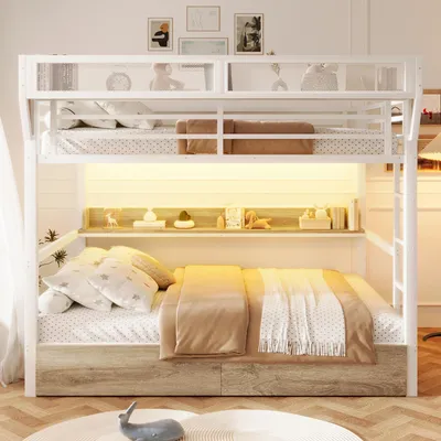 Produktbild von Etagenbett 140x200cm mit LED-Beleuchtung | Stabiles Metallbett mit Schubladen & Ablageflächen