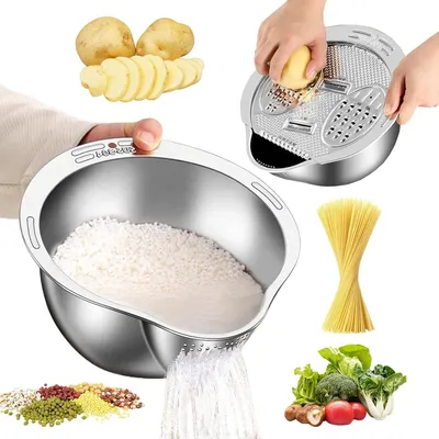 Produktbild von Reinigungs- und Siebschale aus Edelstahl, 4-in-1 Design mit Abtropfgestell und Reibe, ideal zum Waschen von Reis und Getreide
