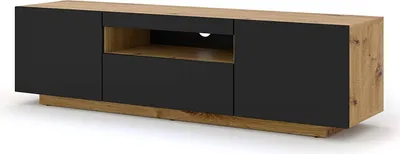 A modern TV stand with a combination of black and wood finishes, presented against a white background.