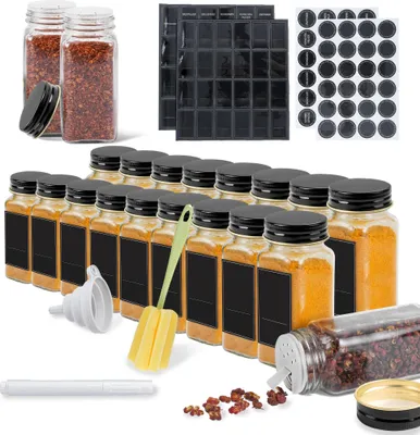 Obrázek produktu pro TRMLBE dózy na koření čtvercové 24 kusů 120ml skleněných dóz na koření s posypovou vložkou, vodotěsné štítky, nálevka, čisticí kartáček nádoba na koření pro kuchyňské doplňky, černé hliníkové víčko