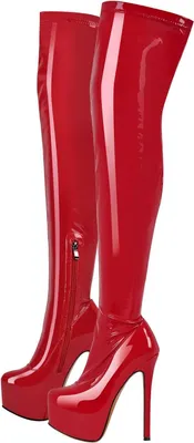 Productafbeelding van Overknee-laarzen dames in lakrood met stiletto-hak 15 cm, plateauzool en rits, maat 38 EU