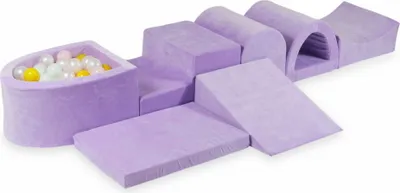 Produktbild von Größtes Schaumstoff-Spielset mit Mikro-Bällepool – Samtig weiches Lila + 100 Bällebadbälle / Perlmutt, Babyrosa, Gelb, Hellmint