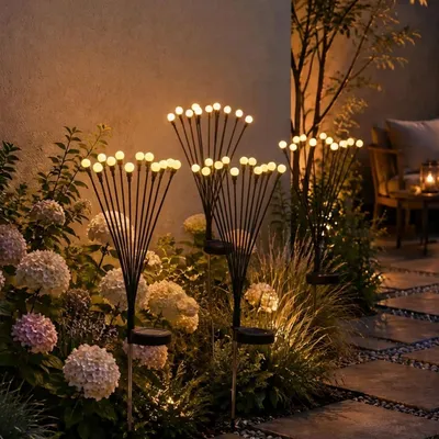 Produktbild von 4er-Set Solar Glühwürmchenlicht für Garten: 12 bewegliche Leuchtkugeln mit 2 Modi, Erdspiess für stimmungsvolle Gartenbeleuchtung, 65 cm Höhe