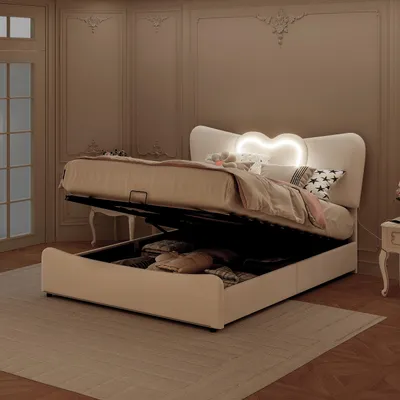 Immagine prodotto di Letto imbottito ProximaX 160x200cm con USB e Type-C, letto giovanile matrimoniale con rete a doghe e contenitore, letto contenitore con LED, letto funzionale letto giovanile, letto a molle, velluto, beige