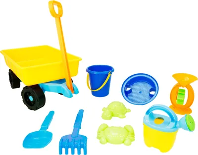 Produktbild von Bieco Strandwagen Sandspielzeug Set 9 tlg. | Robustes Hand Sandwagen Set 48 cm inkl. Förmchen Sandkasten & Co. | Bollerwagen Strandspielzeug Kinder | Sandkasten Spielzeug | Sandelsachen für Kinder
