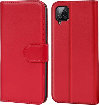 A red flip case for a smartphone, shown open and closed.
